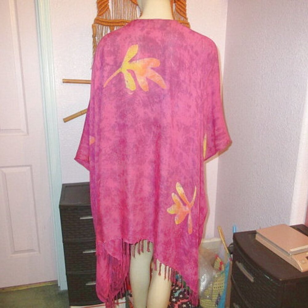 Vtg Wild Woman Batik Kimono Tunic Caftan Fringe Dress Hippie Boho Lagenlook OS - Picture 11 of 13
